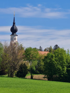 Der Kirchturm von Heiligenberg hinter Bäumen im zarten Grün